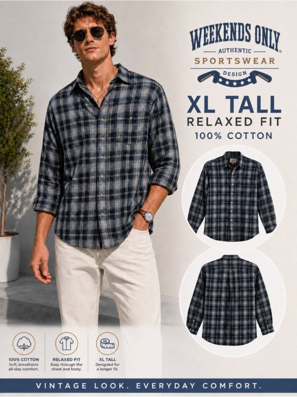 Weekends Only Mens XL Tall Plaid Long Sleeve Shirt Authentic Sportswear Heritage